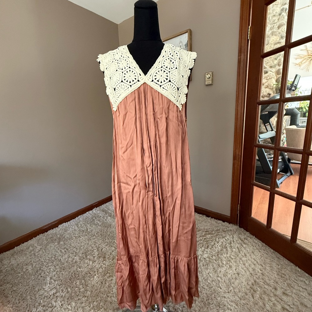 Elegant Lace-Trimmed Dress in cocoa and off white trim.